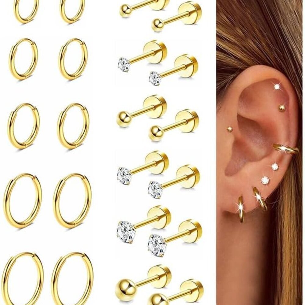 14K Gold Plated Surgical Steel Tiny Hoop & Flat Back Earrings Set for Sensitive